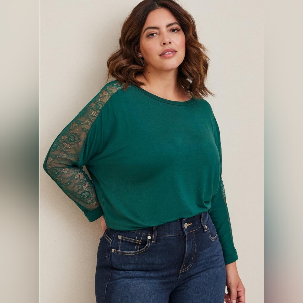 Torrid Women's Teal Super Soft Lace Inset 3/4 Sleeve Scoop Dolman Top
